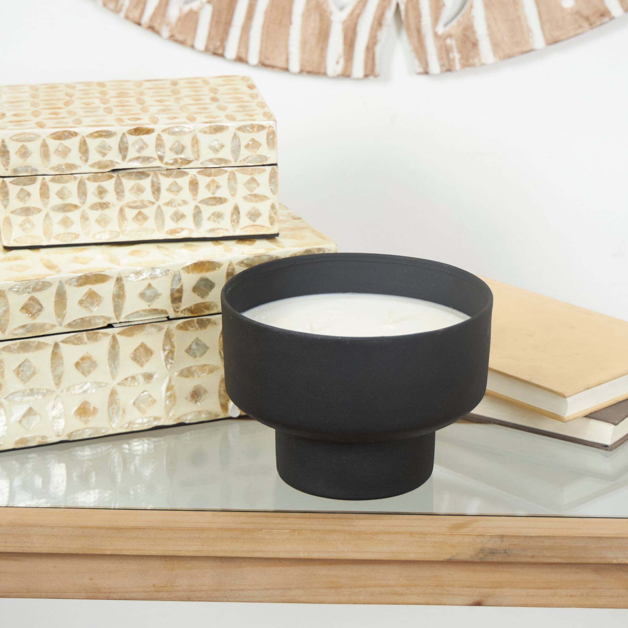 White Wax Campfire Scented Candle with Elevated Matte Black Container